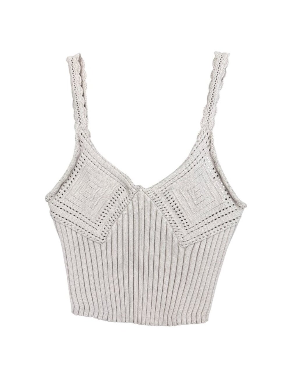 Free People Beige Knit Ribbed Cropped Tank Top Crochet Straps Size S Beach Boho
